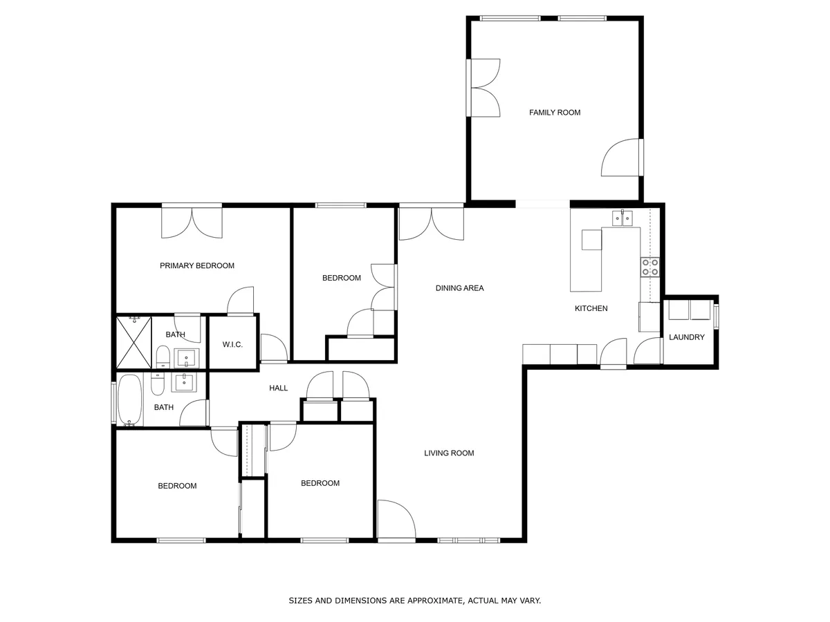 A wide-angle view of an open-plan interior featuring the kitchen, family room, dining area, and living room. The spaces are visually connected, with comfortable furnishings, bright lighting, and subtle contemporary décor, embodying the heart of communal living.